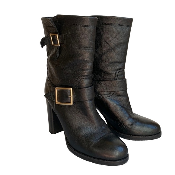 Jimmy Choo Dart Biker Black Leather Moto Combat Mid-Calf Buckle Bootie - Picture 5 of 16